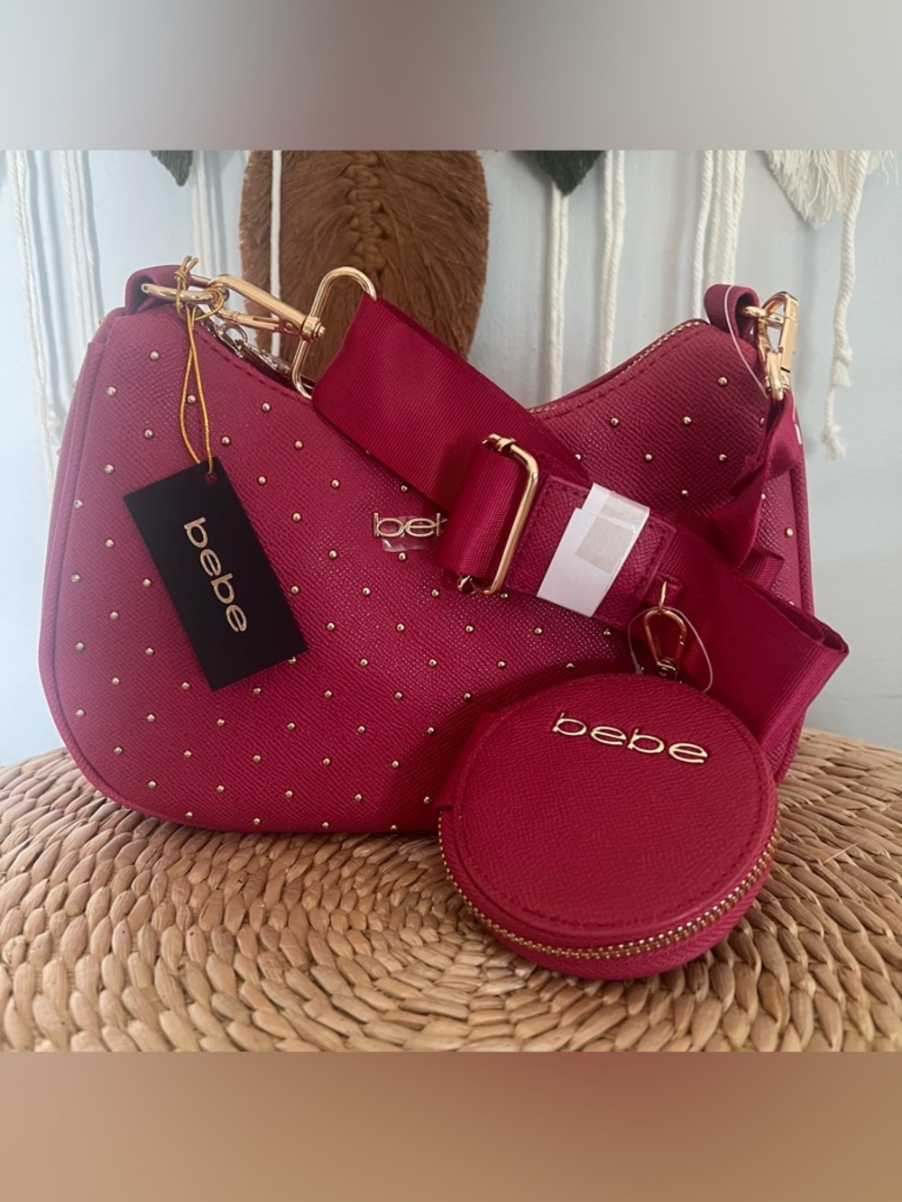 bebe dark pinkStudded Shoulder Bag with Coin Pouch
